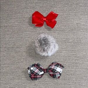 Red Bow, Gray Pom Pom, Plaid Bow Hair Clips